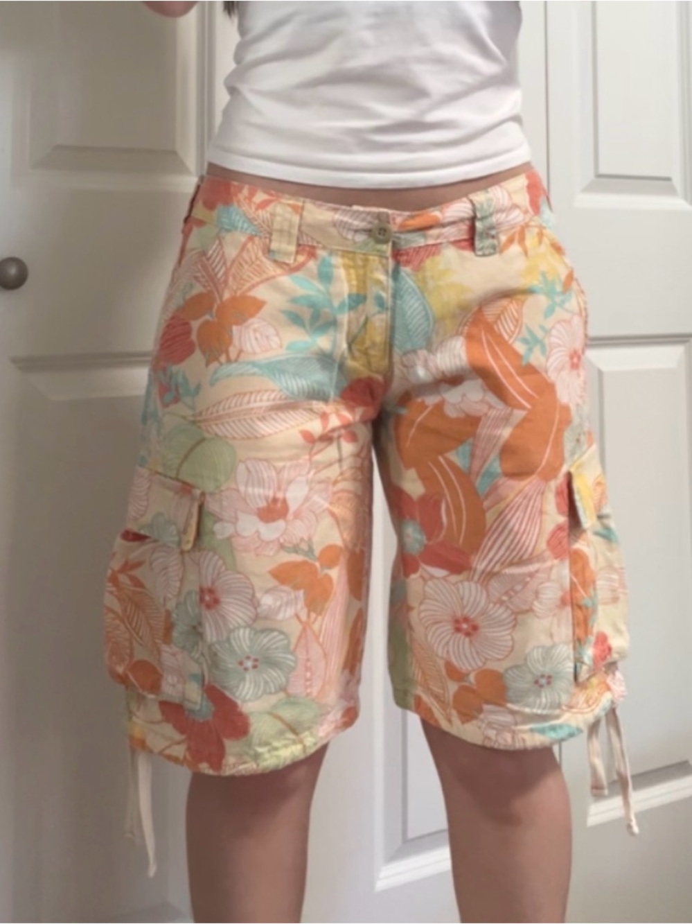 Zara Orange Tropical Floral Cargo Shorts